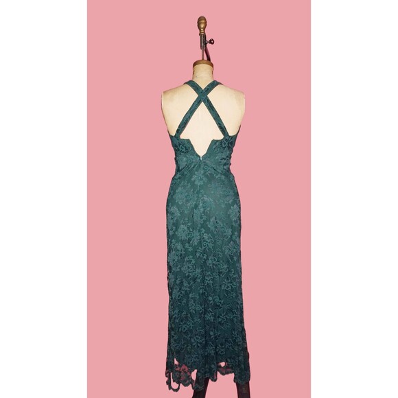 1990s JESSICA McCLINTOCK Green HALTER Criss Cross Maxi Dress W/LACE Overlay. S-M - Picture 3 of 10